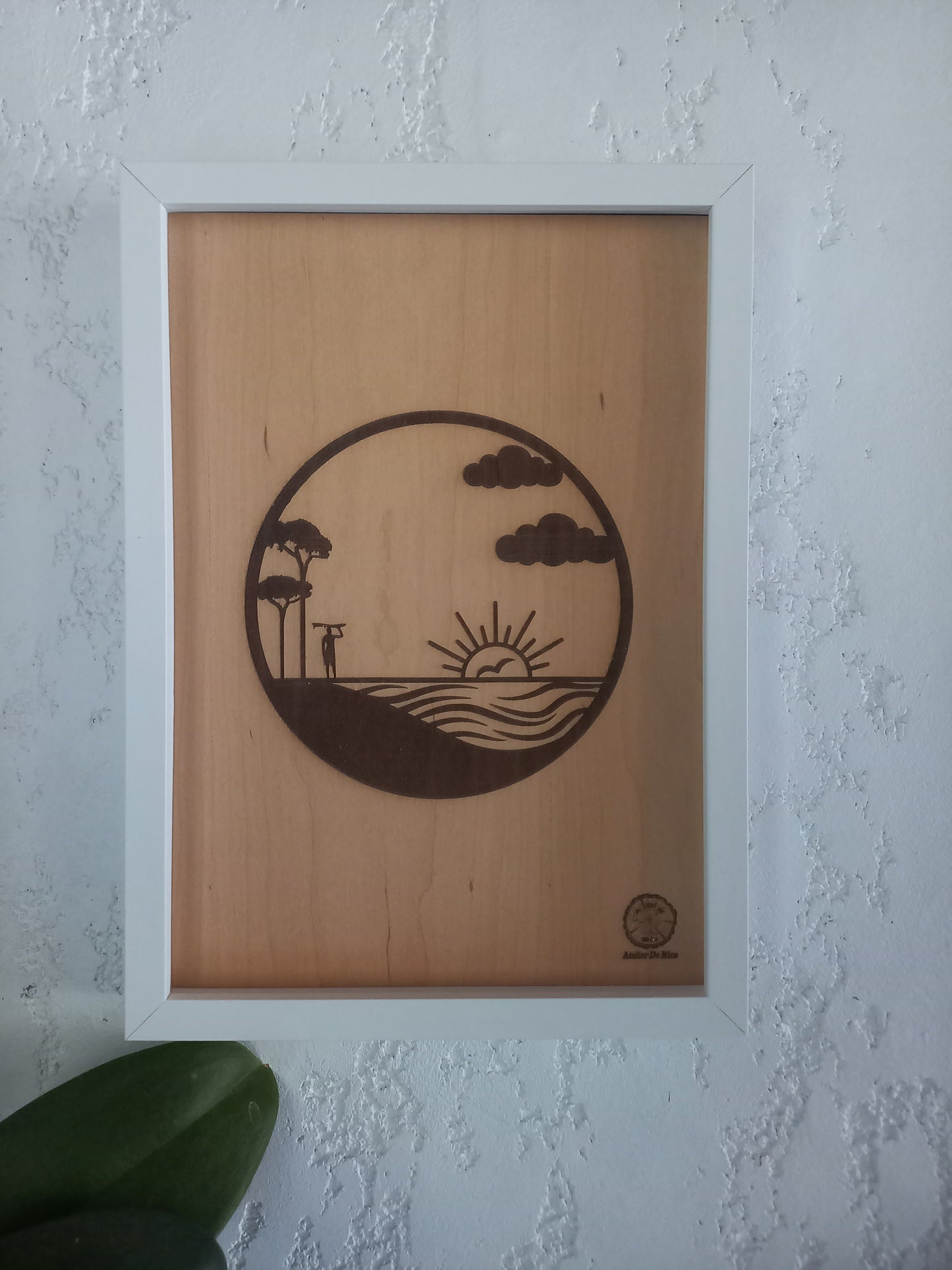 Cadre gravé sur bois, Sunset, blanc